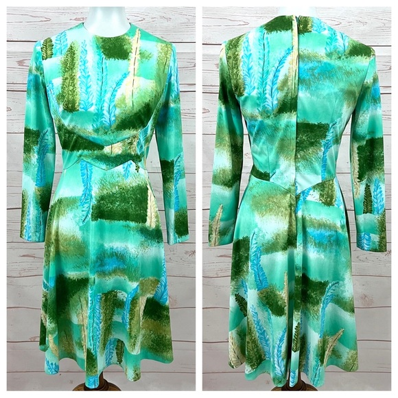 Rare Vintage Mid Century Impressionist Feather Forest Tree Long Sleeve Dress - Picture 2 of 10